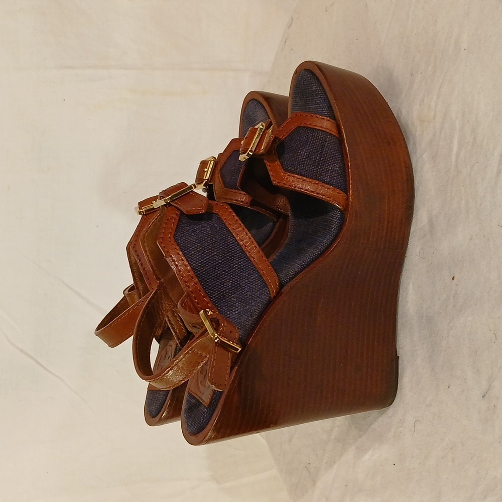 Like New Tory Burch Brown Leather & Navy Blue Denim Wedge Platform Heels - Picture 7 of 16